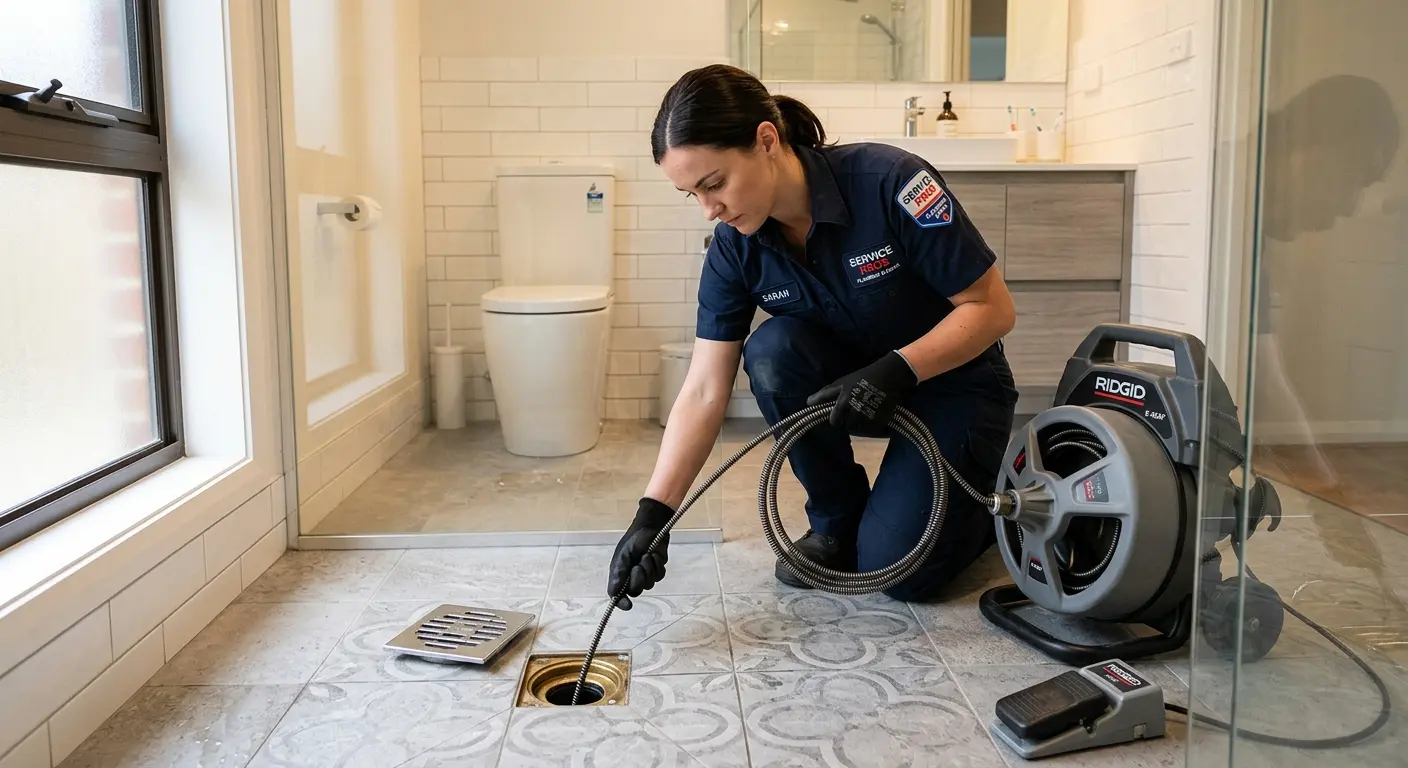 Technician clearing a bathroom floor drain for Drain Cleaning in Chadron